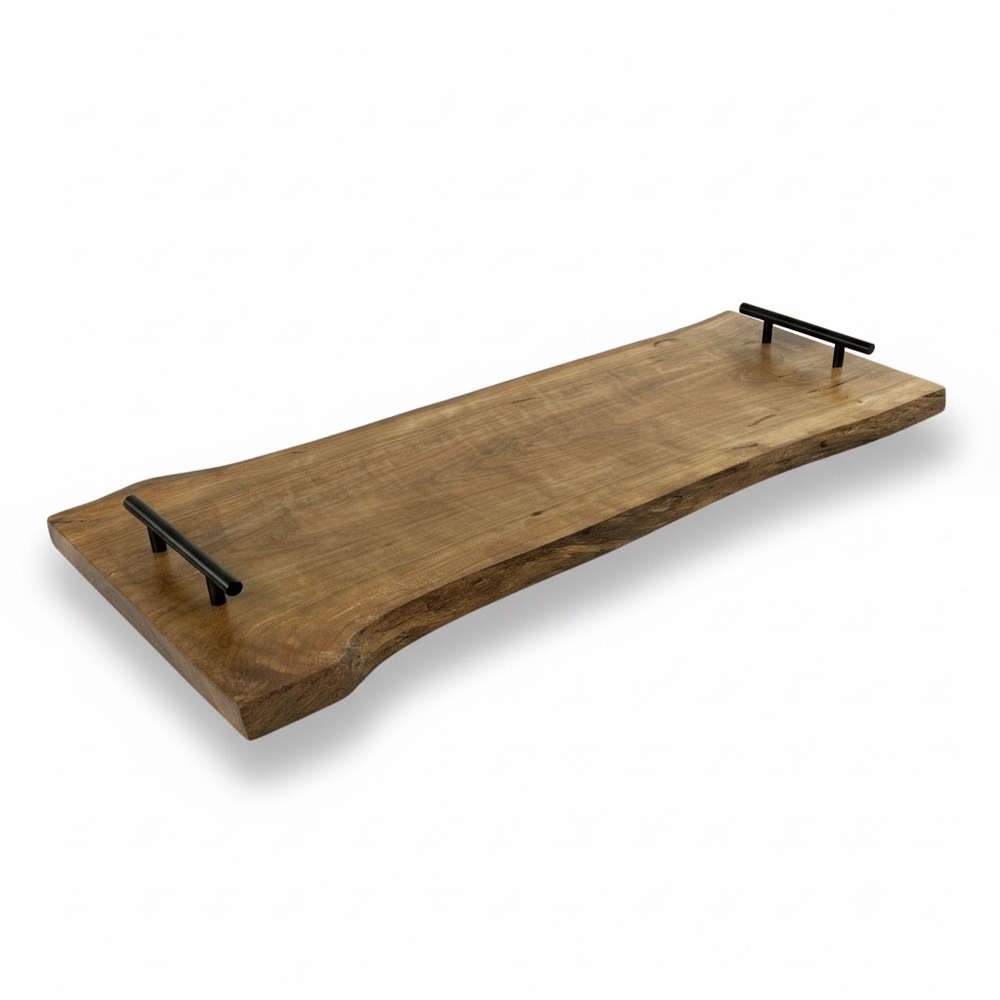 Live Edge Cherry Wood Serving Tray Metal Handles Rustic Charcuterie‎ Board 30"